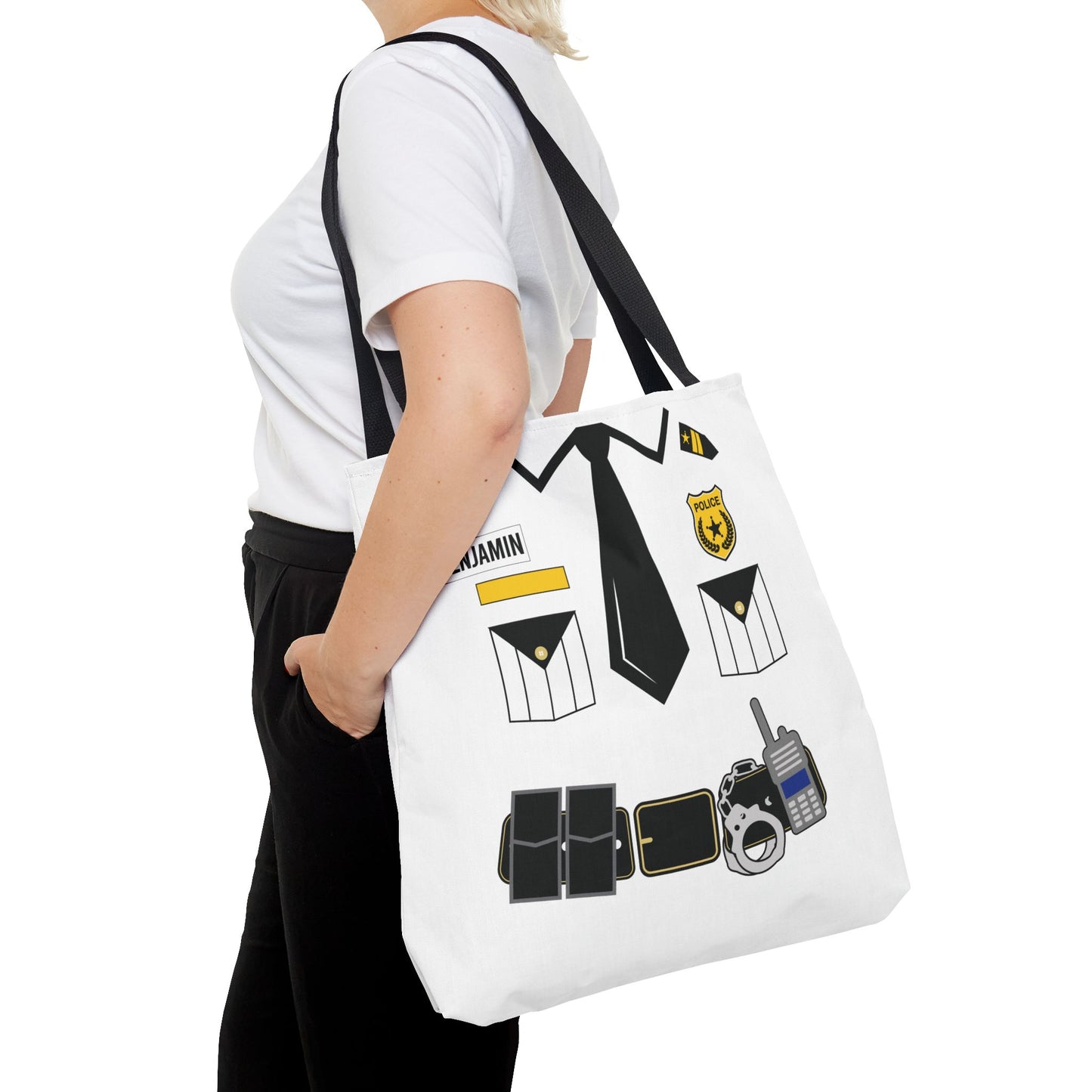 White Police Uniform Personalized Halloween Trick or Treat Bags, Customized Police Candy Bags, Kids Adults Tote Bags, Halloween Accessory