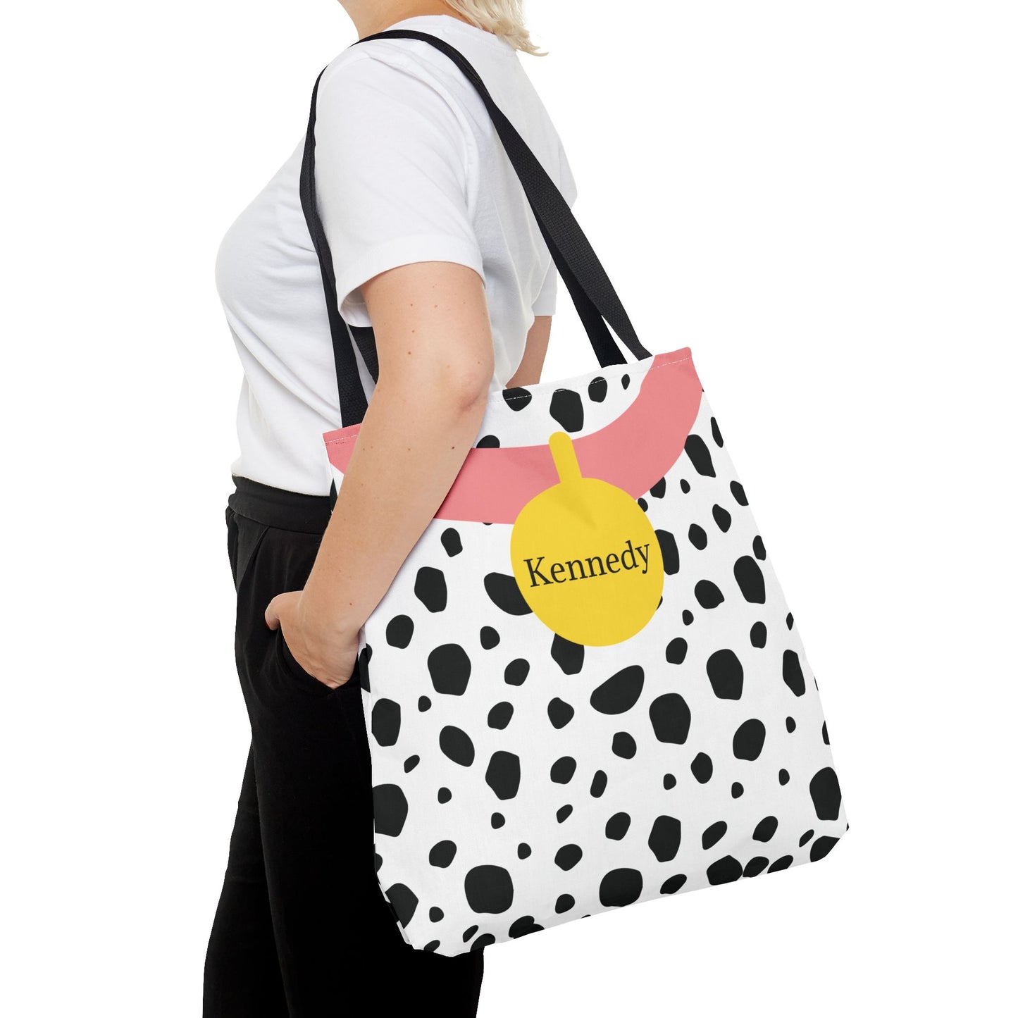 Pink Dalmatian Personalized Halloween Trick or Treat Bags, Custom Dalmatian Animal Print Tote Bags, Kids Adults Tote Bags