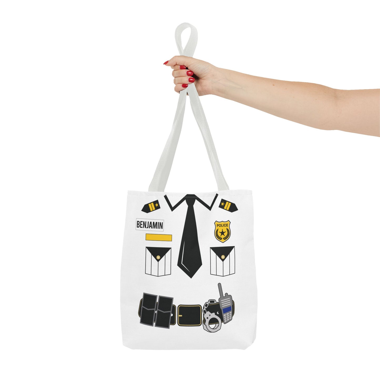White Police Uniform Personalized Halloween Trick or Treat Bags, Customized Police Candy Bags, Kids Adults Tote Bags, Halloween Accessory