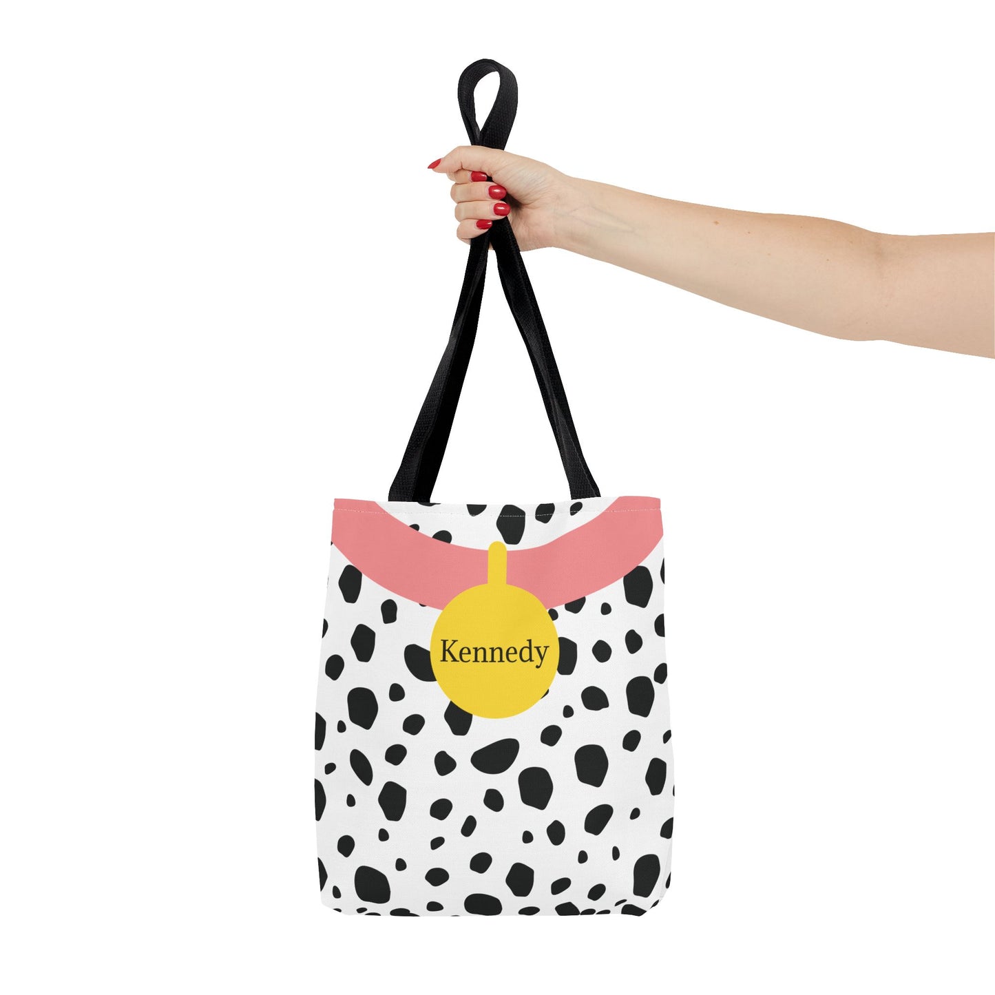 Pink Dalmatian Personalized Halloween Trick or Treat Bags, Custom Dalmatian Animal Print Tote Bags, Kids Adults Tote Bags