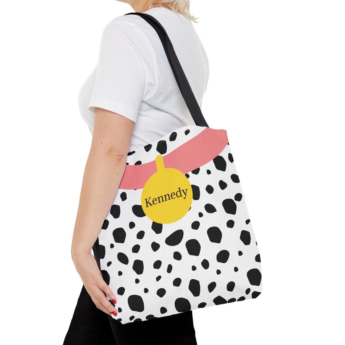 Pink Dalmatian Personalized Halloween Trick or Treat Bags, Custom Dalmatian Animal Print Tote Bags, Kids Adults Tote Bags