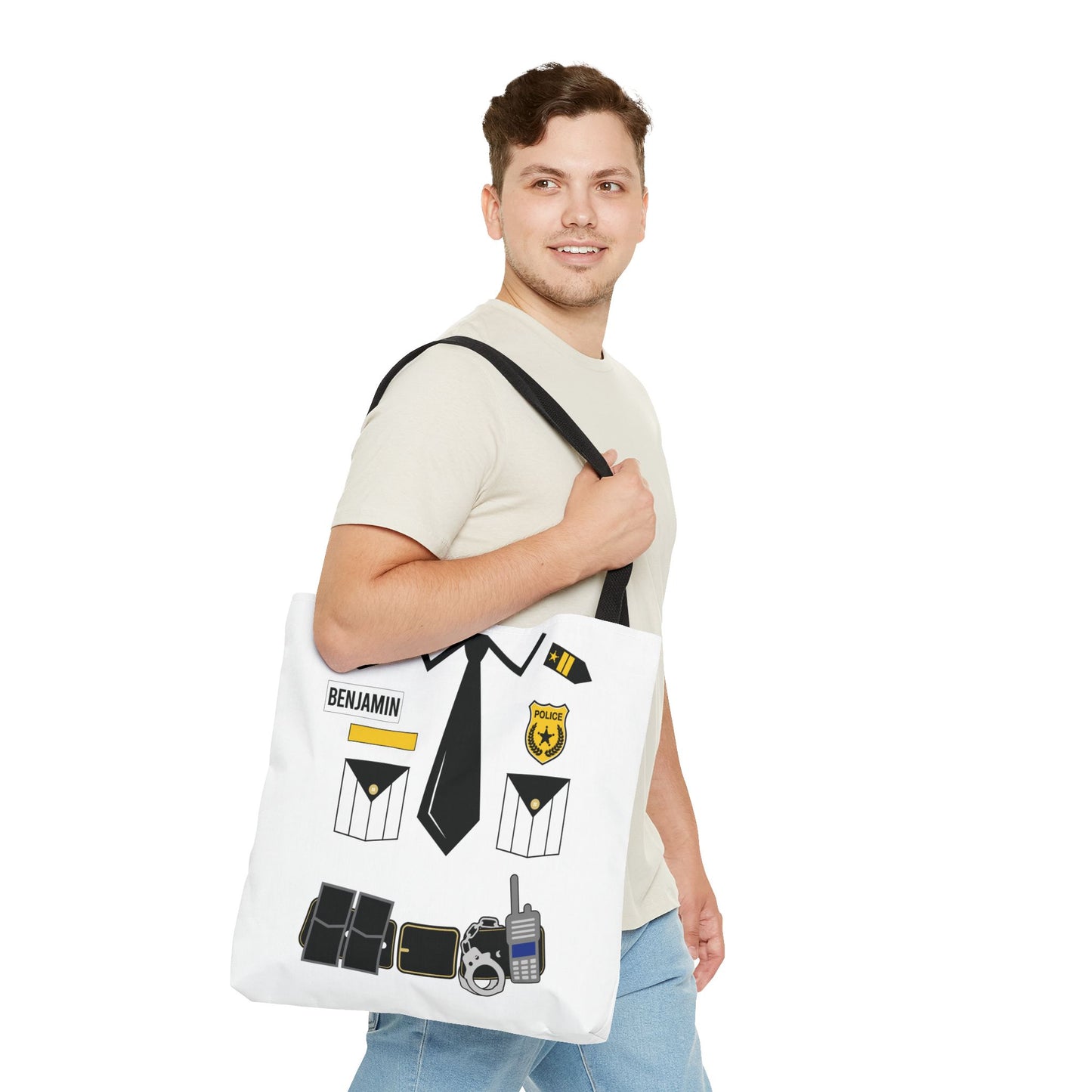 White Police Uniform Personalized Halloween Trick or Treat Bags, Customized Police Candy Bags, Kids Adults Tote Bags, Halloween Accessory