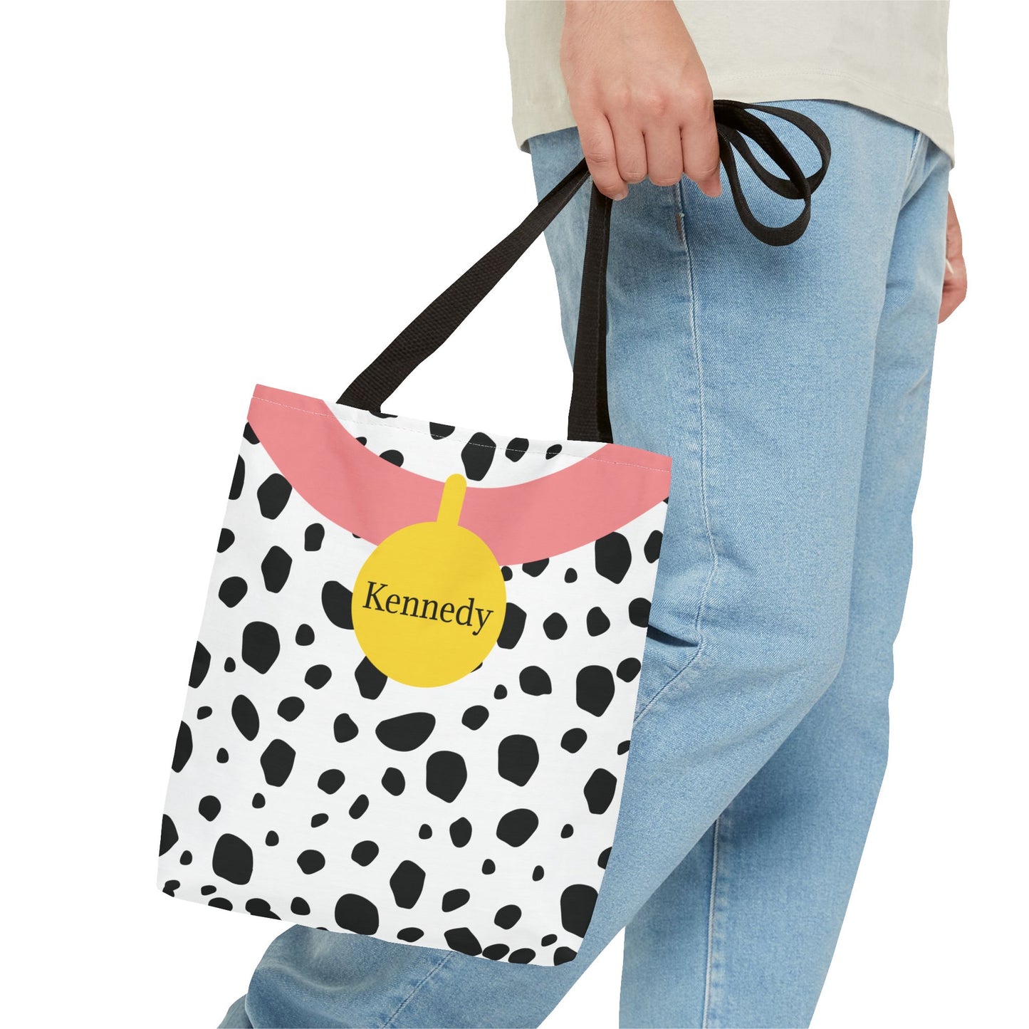 Pink Dalmatian Personalized Halloween Trick or Treat Bags, Custom Dalmatian Animal Print Tote Bags, Kids Adults Tote Bags