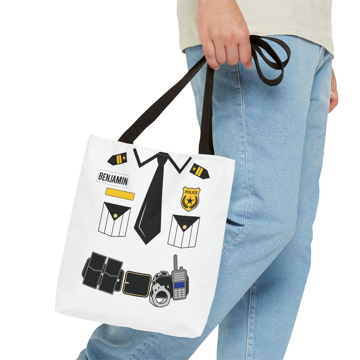 White Police Uniform Personalized Halloween Trick or Treat Bags, Customized Police Candy Bags, Kids Adults Tote Bags, Halloween Accessory