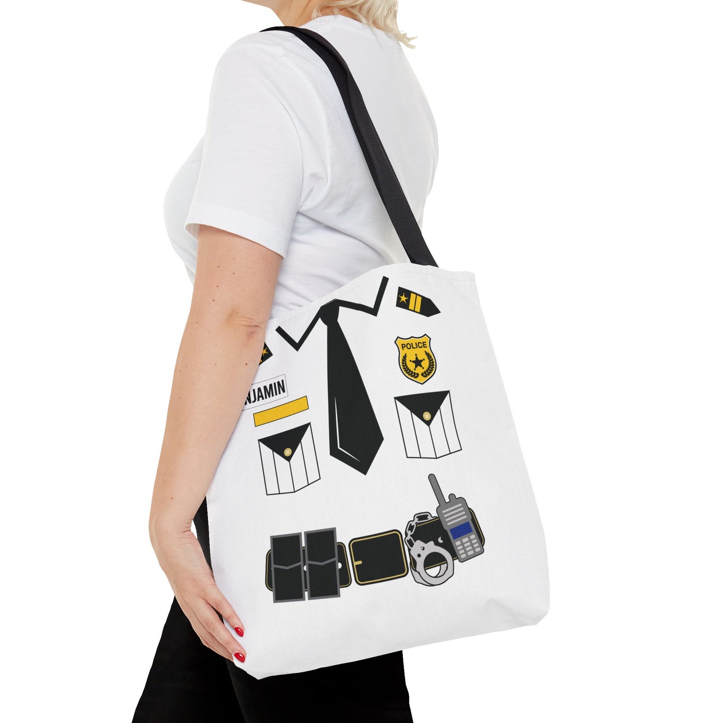 White Police Uniform Personalized Halloween Trick or Treat Bags,  Customized Police Candy Bags, Kids Adults Tote Bags, Halloween Accessory
