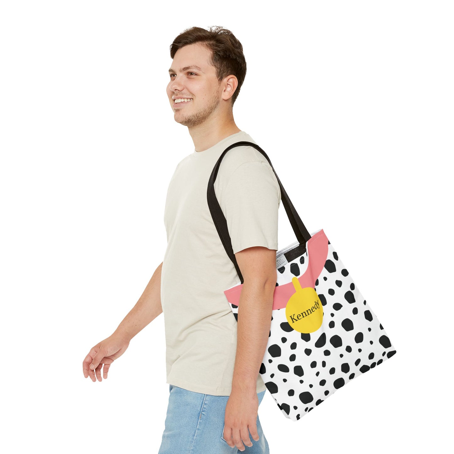 Pink Dalmatian Personalized Halloween Trick or Treat Bags,  Custom Dalmatian Animal Print Tote Bags, Kids Adults Tote Bags